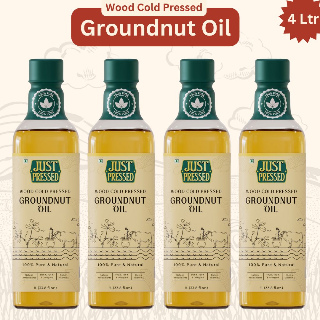 JustPressed Wood Pressed Groundnut Oil, Premium Cold Pressed Groundnut Oil, Pure & Natural Multipurpose Oil, Edible Cold Pressed Oil Extracted On Wooden Churner, 4L