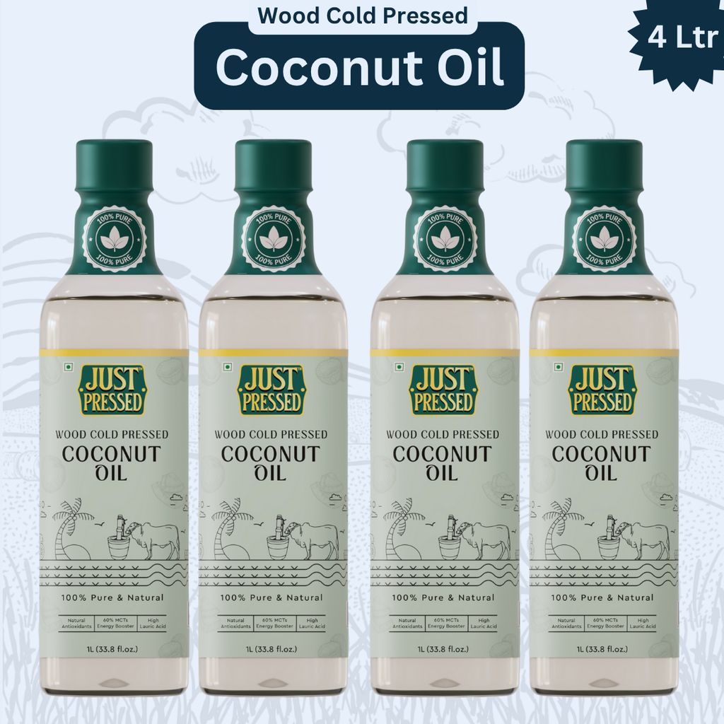 Just Pressed Coconut Wood Pressed Oil (Chekku) Cold Pressed Coconut Oil, 100% Pure & Natural Untreated & Unrefined Coconut oil for Healthy Cooking  - 4L