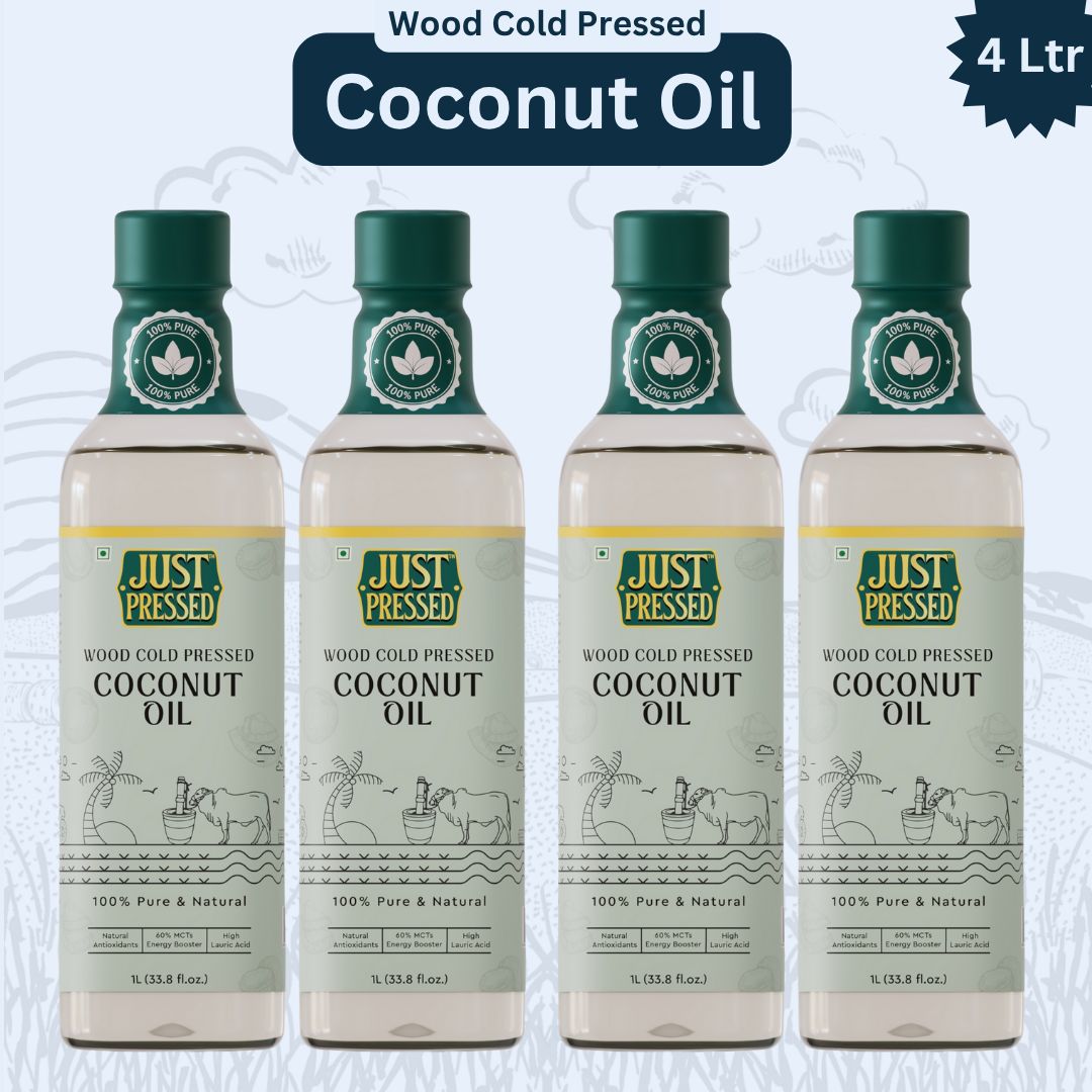 Just Pressed Coconut Wood Pressed Oil (Chekku) Cold Pressed Coconut Oil, 100% Pure & Natural Untreated & Unrefined Coconut oil for Healthy Cooking  - 4L