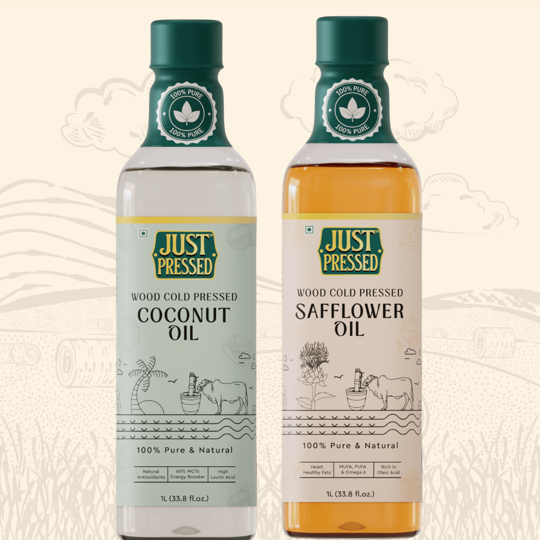 Just Pressed Safflower Coconut 1L each Combo: 100% Pure Safflower Kusum Saffola Oil & Coconut Oil