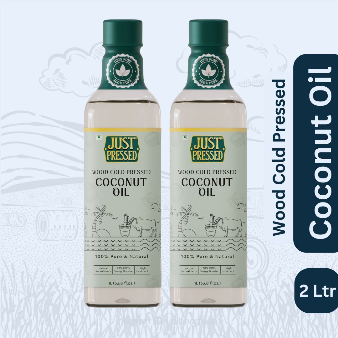 JustPressed Coconut Wood Pressed Oil (Chekku) Cold Pressed Coconut Oil, 100% Pure & Natural Untreated & Unrefined Coconut oil for Healthy Cooking | Kachi Ghani Oil | Wood Cold Pressed Oil | Coconut Oil - 2 L