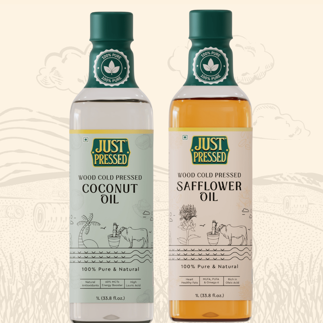 Just Pressed Cold Pressed Combo Coconut Oil ,Safflower Oil | 100% Pure Safflower Kusum Saffola Oil | Unrefined & Zero Additives - 2 litres