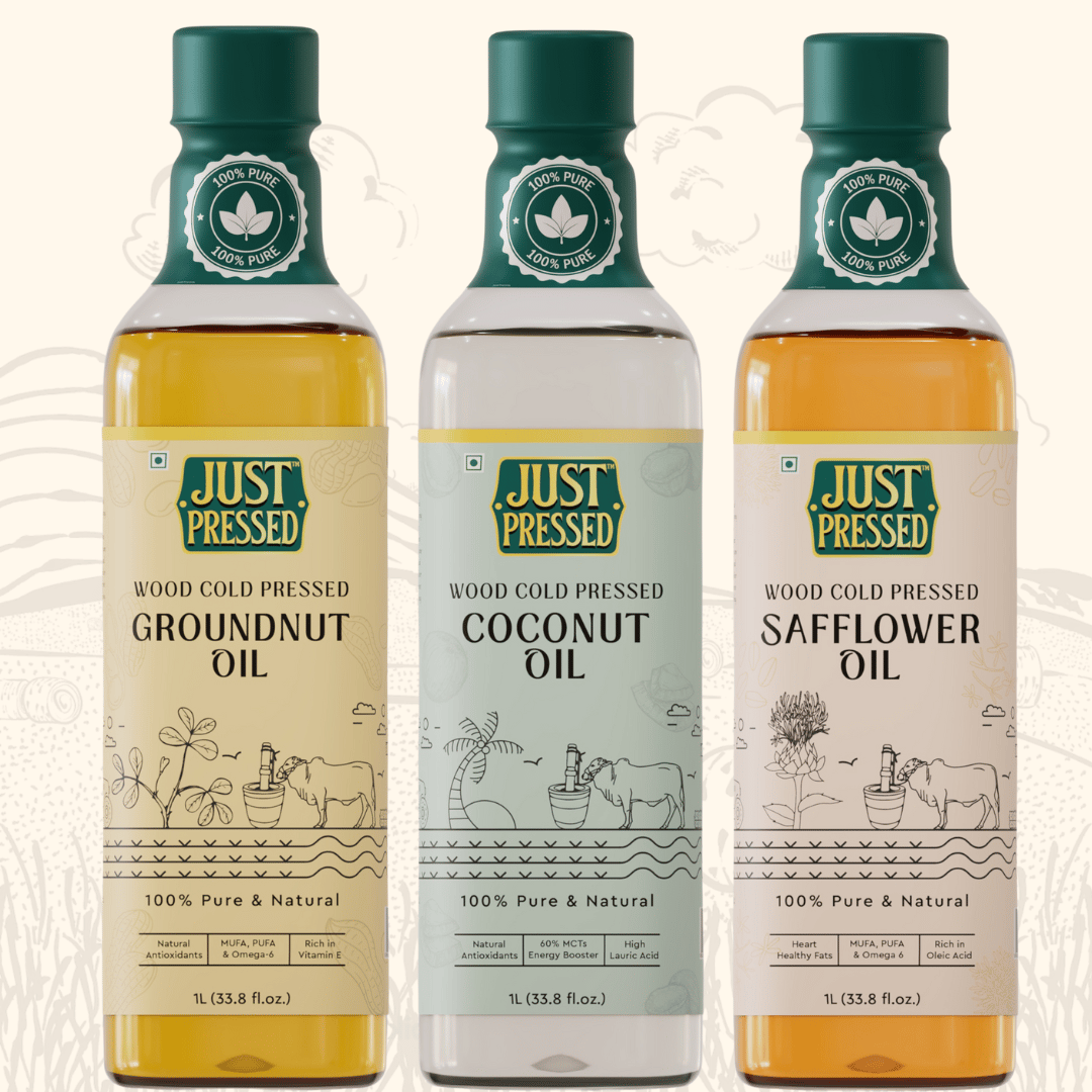 JustPressed Combo - Groundnut Oil | Safflower Oil | Coconut Oil - Cold Pressed Wood Pressed - 1L Each Combo - Kacchi Ghani - Chekku