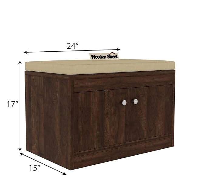 Wooden Street Anton Shoe Rack with Cushion Seat | Engineered Wood Horizontal 2 Doors Shoe Cabinet with Seat (24 L x 15 W x 17 H Inches) | Columbian Walnut Finish with 1 Year Warranty