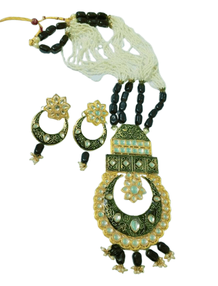 Green Enamel & Gold-Plated Necklace and Earrings Set