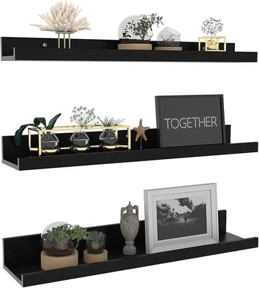 Wooden Wall Shelves for Living Room, Bedroom | Wall Mounted Shelf | Wall Hanging Storage Unit | Wall Organiser Shelf (Ledge - Set of 3 - Black - 24 Inch)