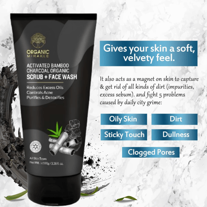 Mirakle Charcoal Face Wash & Scrub 100g each pack of 2 | Deep Cleansing & Exfoliating Face Cleanser | Oil Control & Radiant Skin| Natural Skin Care for Men and Women | Gentle & Improved Skin Texture