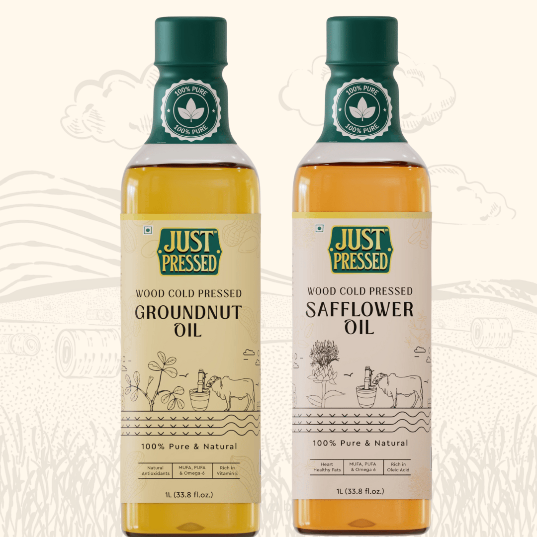 JustPressed Groundnut Oil Safflower Oil Combo -1 litre each \ Wood Cold Pressed | Kusum Oil | Peanut oil | Cold Pressed Oil | Ghani Oil | Kacchi Ghani Oil