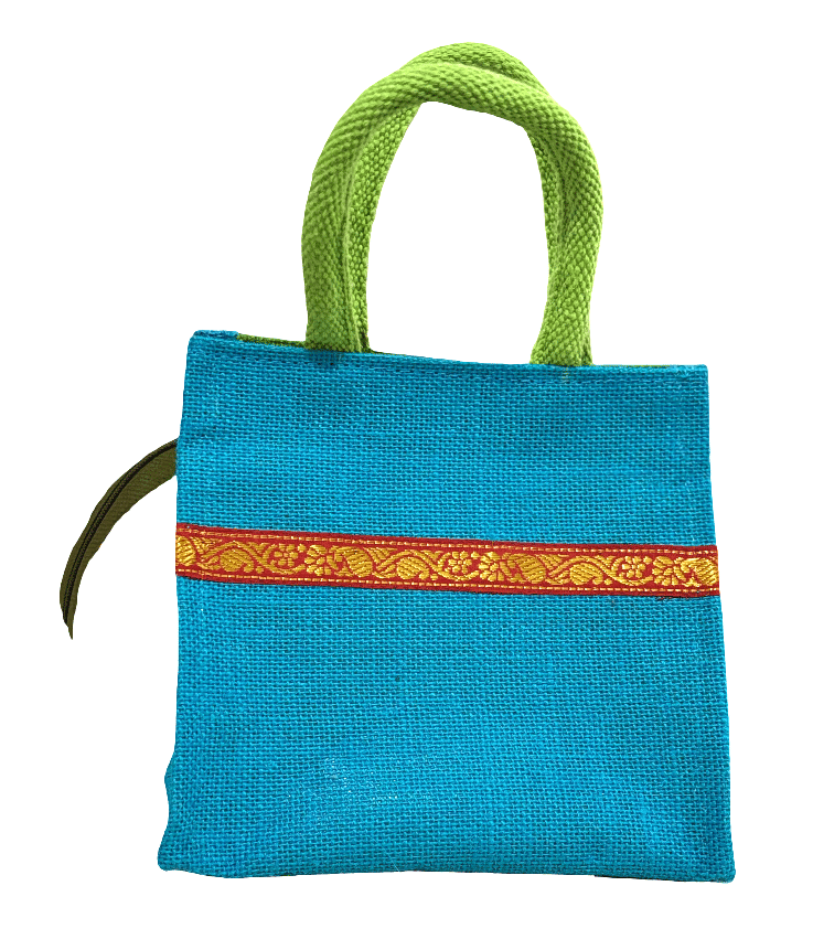 Turquoise Jute Tote Bag with Red & Gold Accent