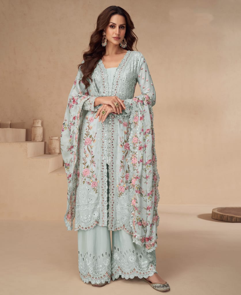 designer sky blue summer wear chinon Pakistani straight suit for women