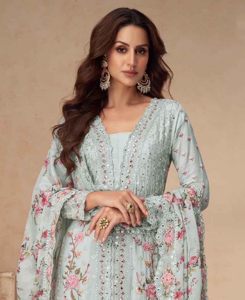 designer sky blue summer wear chinon Pakistani straight suit for women