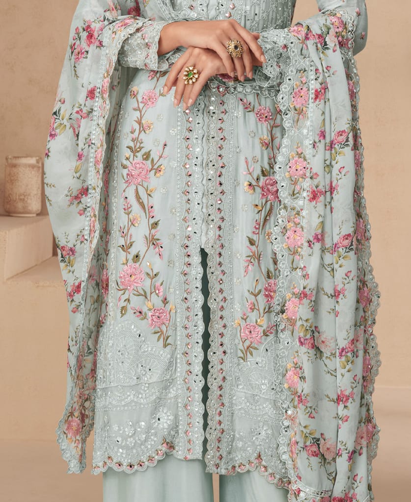 designer sky blue summer wear chinon Pakistani straight suit for women