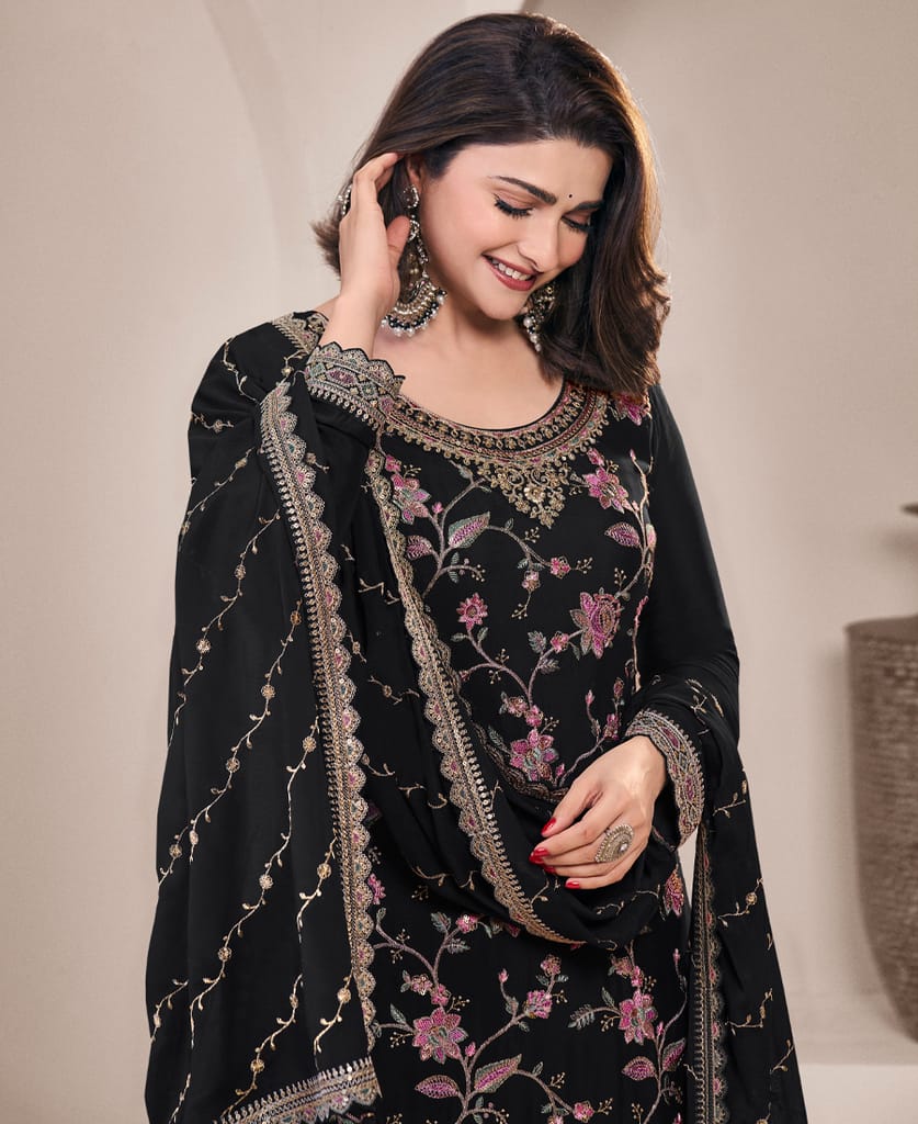 traditional all black chinon palazzo set for women