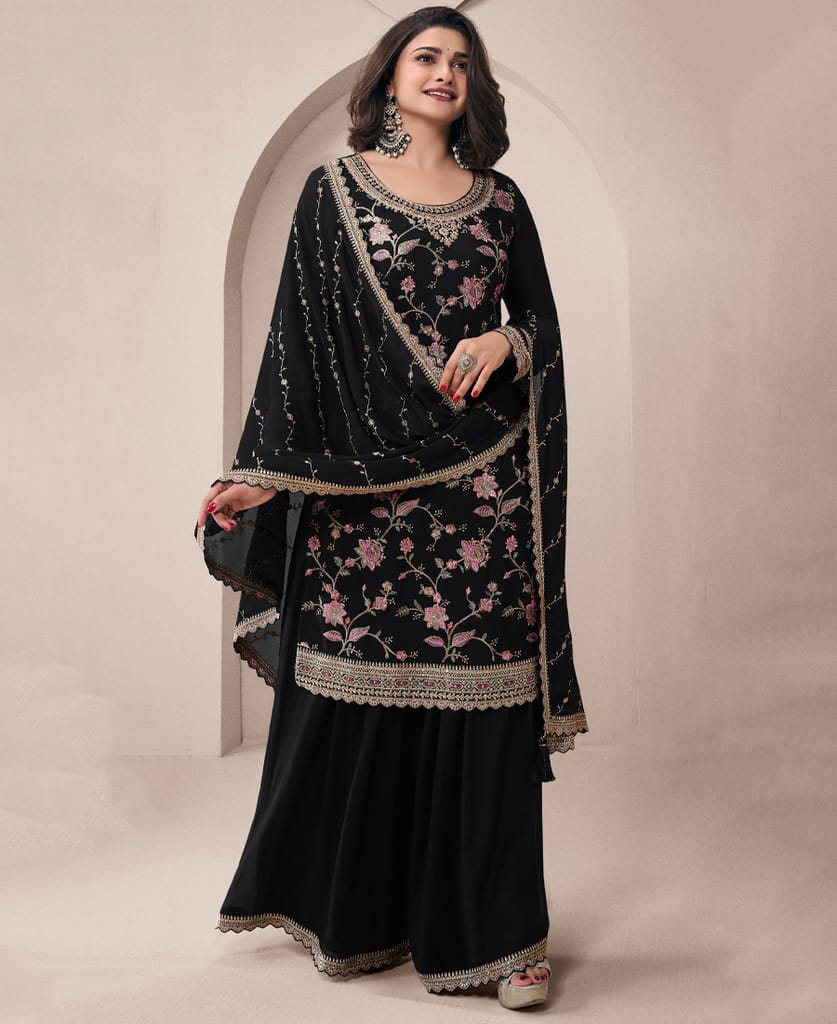 traditional all black chinon palazzo set for women