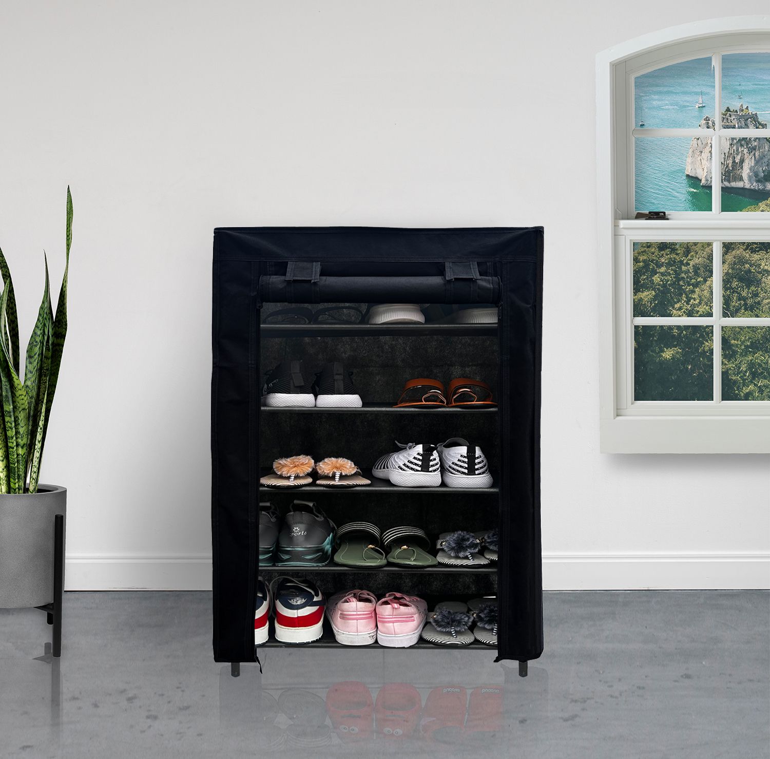 PHILOSHOP 5-Tier Metal Shoe Rack with Dustproof Cover – Space-Saving Storage Organizer for Entryway