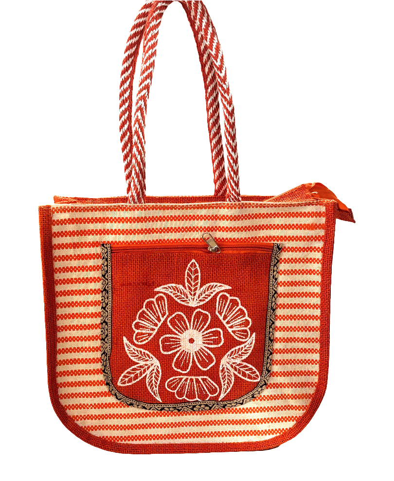 Orange Striped Jute Tote Bag with Floral Embroidery(T)