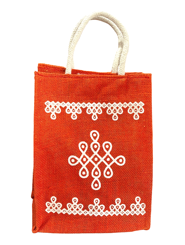 Orange Jute Tote Bag with White Embroidered Design