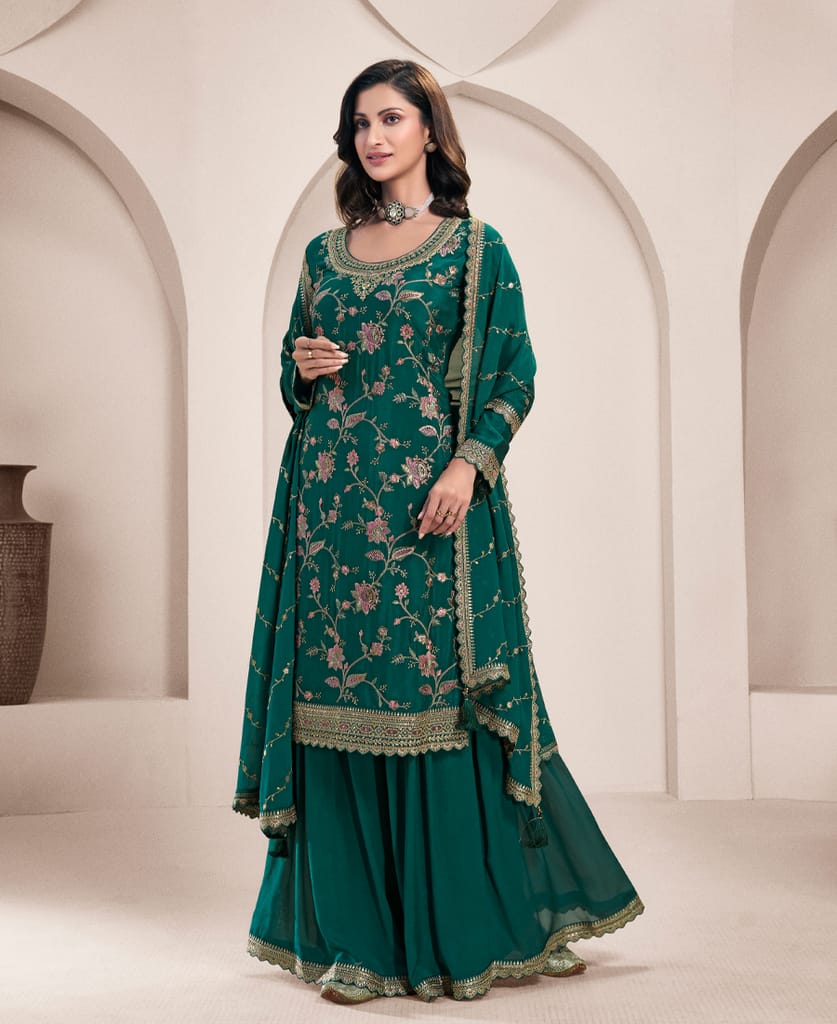 traditional all green chinon palazzo set for women
