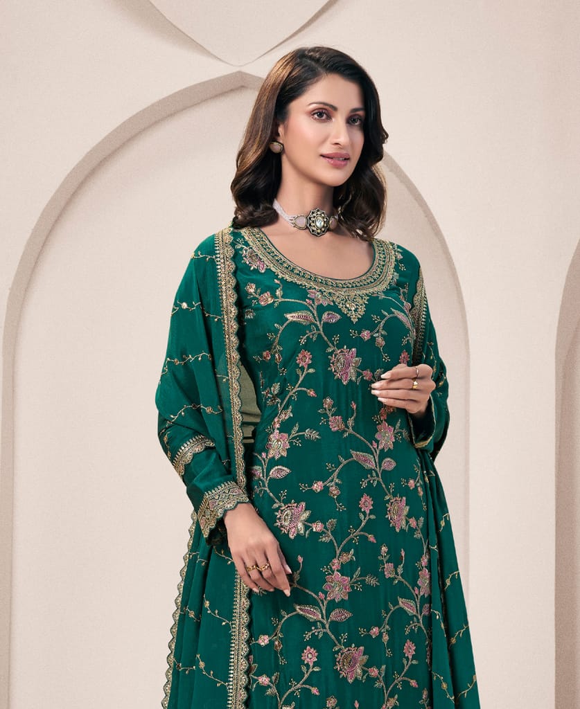 traditional all green chinon palazzo set for women