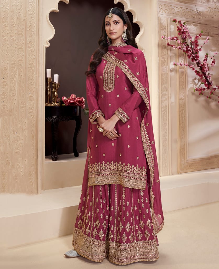 traditional rani pink chinon palazzo set for women