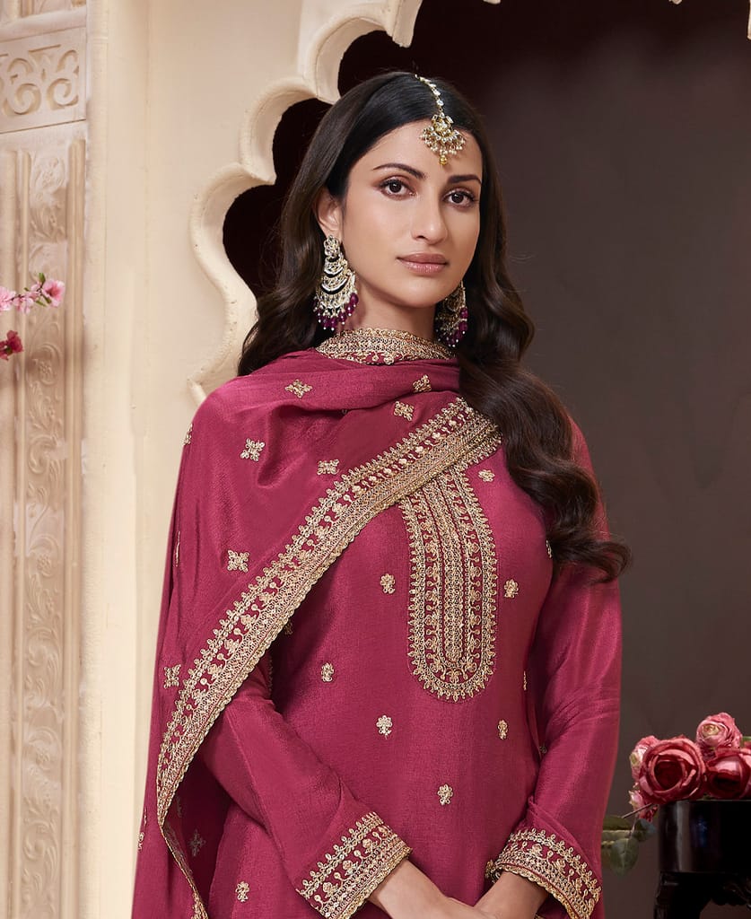 traditional rani pink chinon palazzo set for women