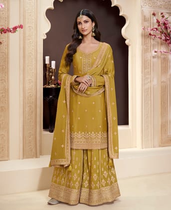 traditional yellow chinon palazzo set for women