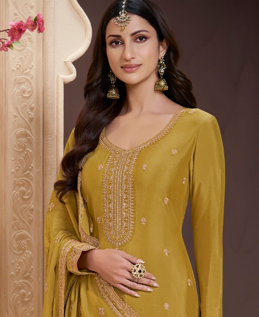 traditional yellow chinon palazzo set for women