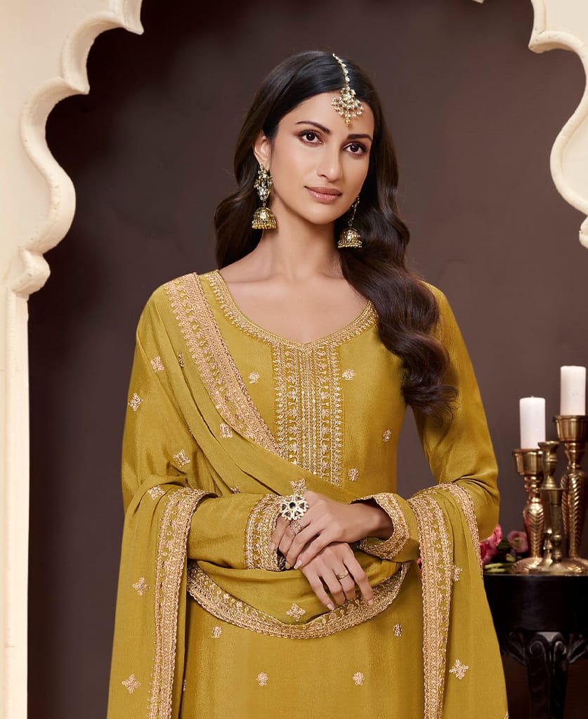 traditional yellow chinon palazzo set for women