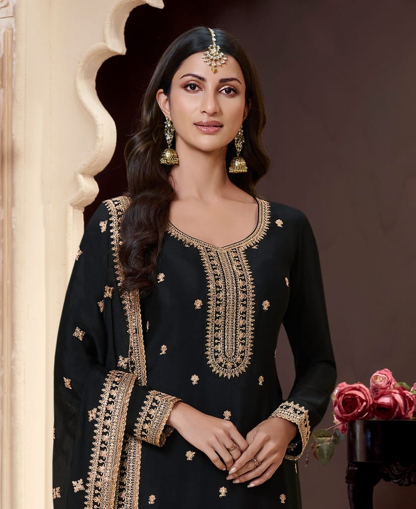 traditional black chinon palazzo set for women