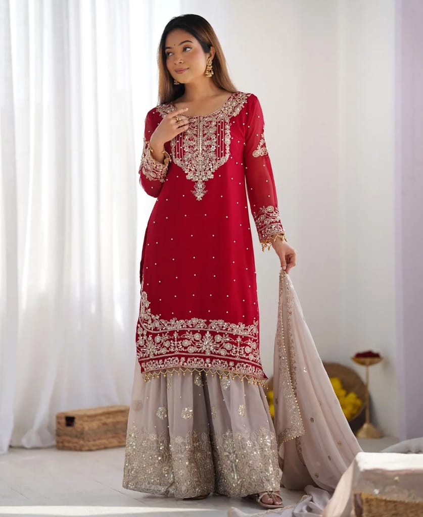new red georgette sharara suit for women ethnic wear