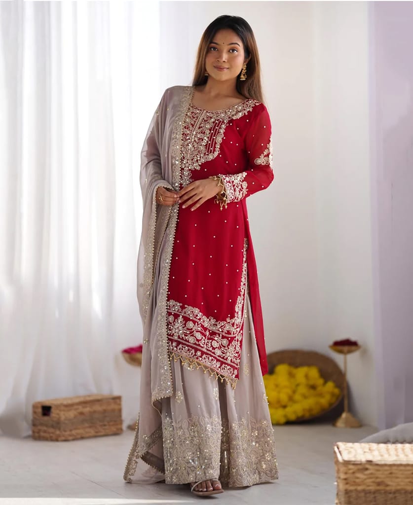 new red georgette sharara suit for women ethnic wear