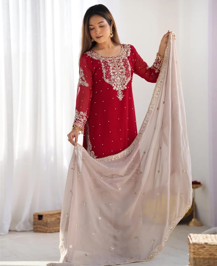 new red georgette sharara suit for women ethnic wear