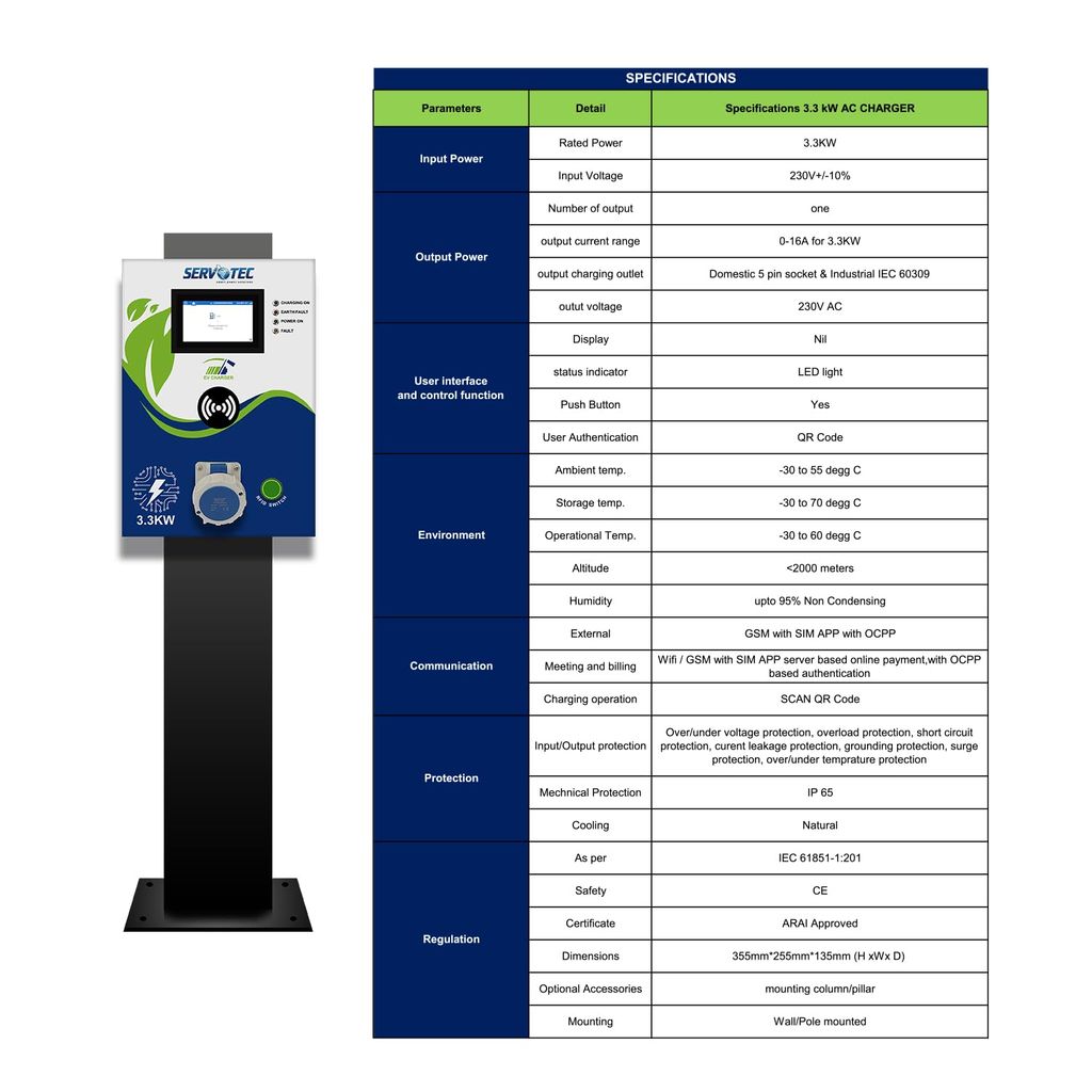 Servotech AC Charger 3.3kW Electric Vehicle Charger: Efficient and Fast Charging for Your EV | Indoor and Outdoor Use | Supports: Electric 2 Wheeler, 3 Wheeler, 4 Wheeler