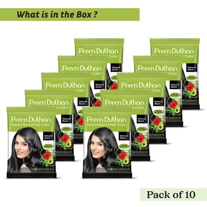 Prem Dulhan Natural Black Henna Hair Color | Herbal, Ammonia & Paraben Free | Long Lasting | Pack of 10 Sachets