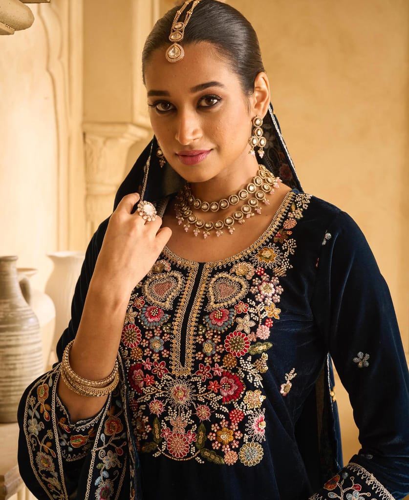 designer hand worked navy blue velvet salwar suit for women