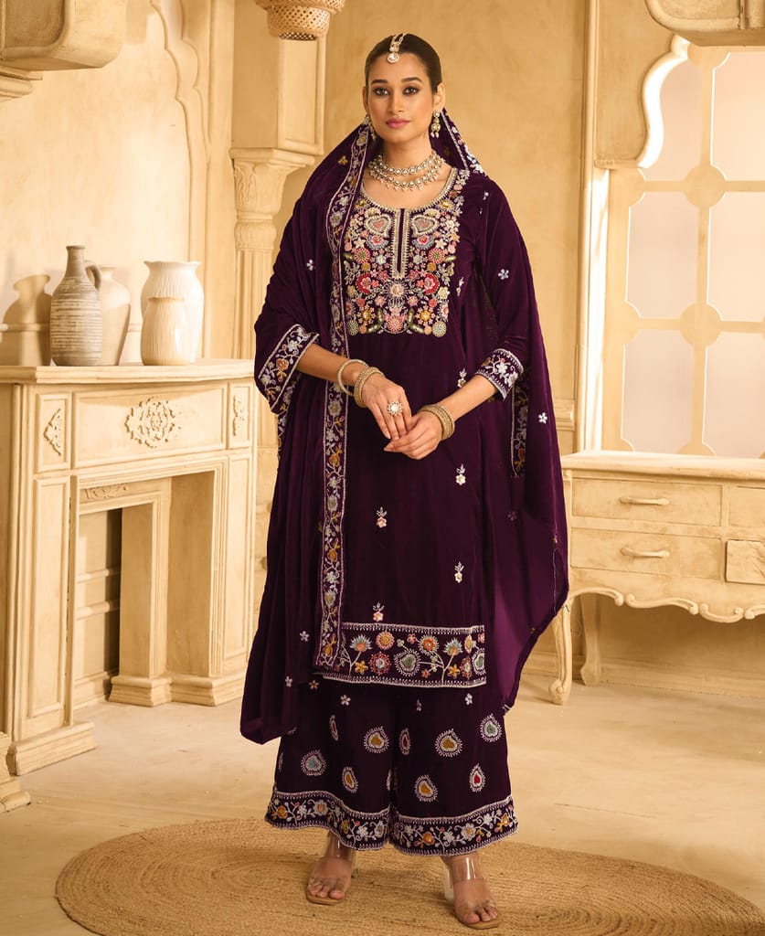 designer hand worked navy blue velvet salwar suit for women