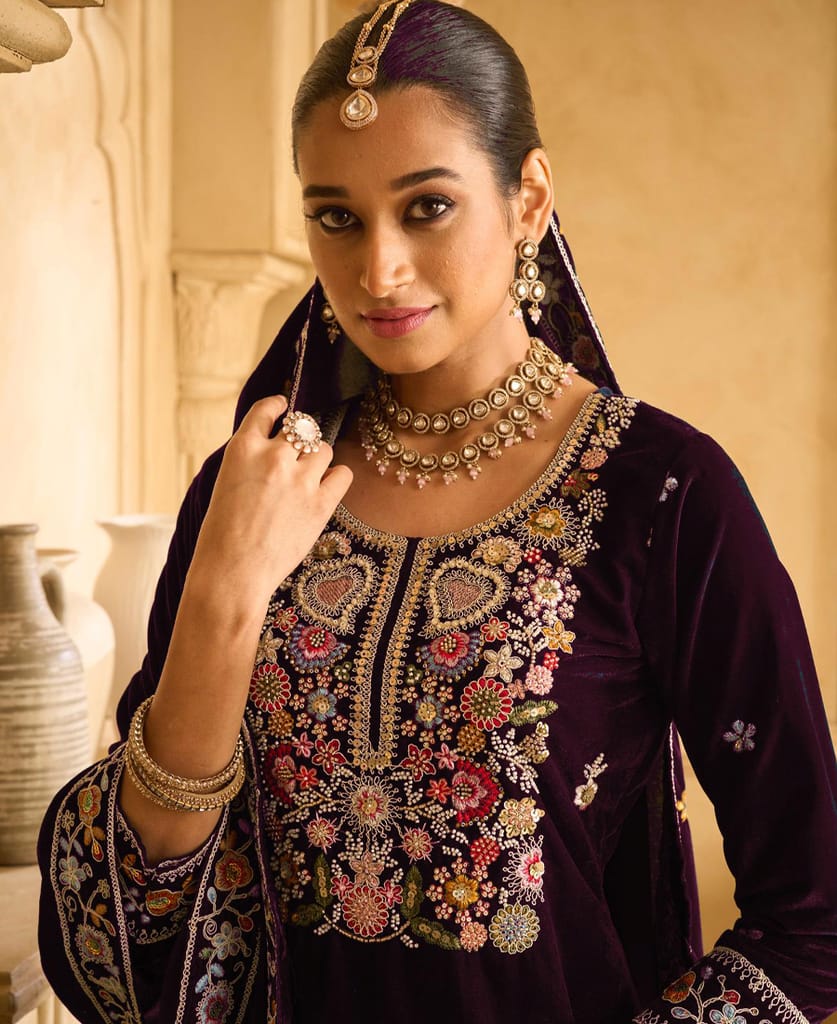 designer hand worked navy blue velvet salwar suit for women