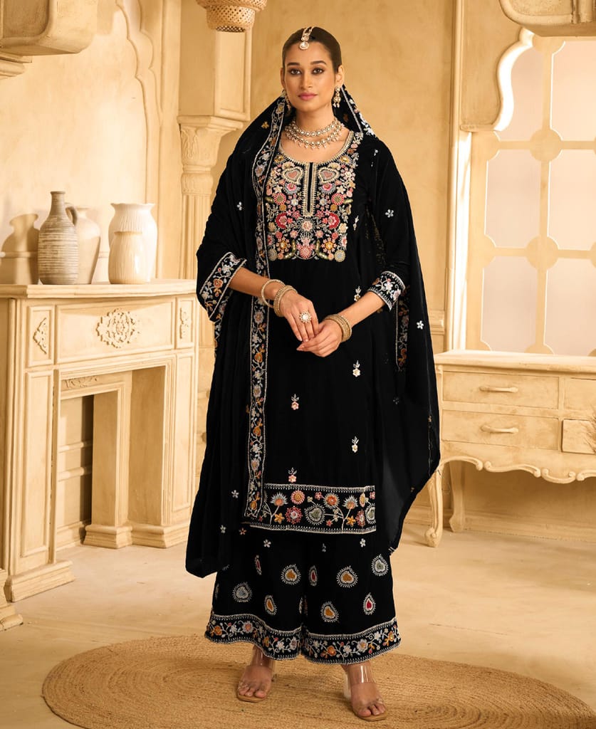 designer hand worked navy blue velvet salwar suit for women
