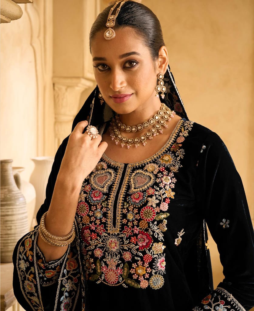 designer hand worked navy blue velvet salwar suit for women