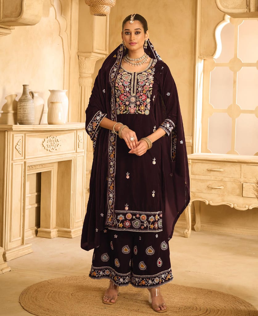 designer hand worked navy blue velvet salwar suit for women