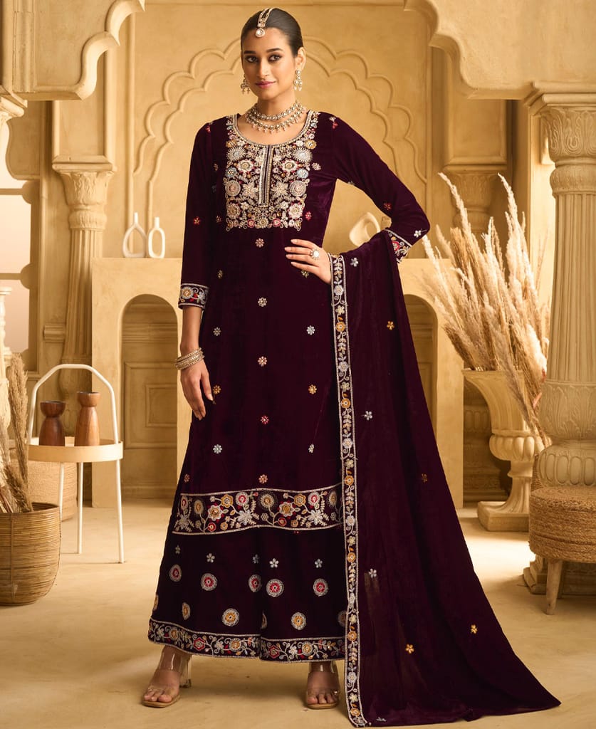 purple heavy velvet straight suit for women hand crafted