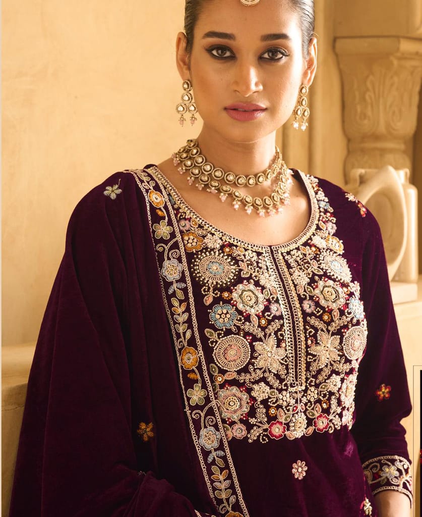 purple heavy velvet straight suit for women hand crafted