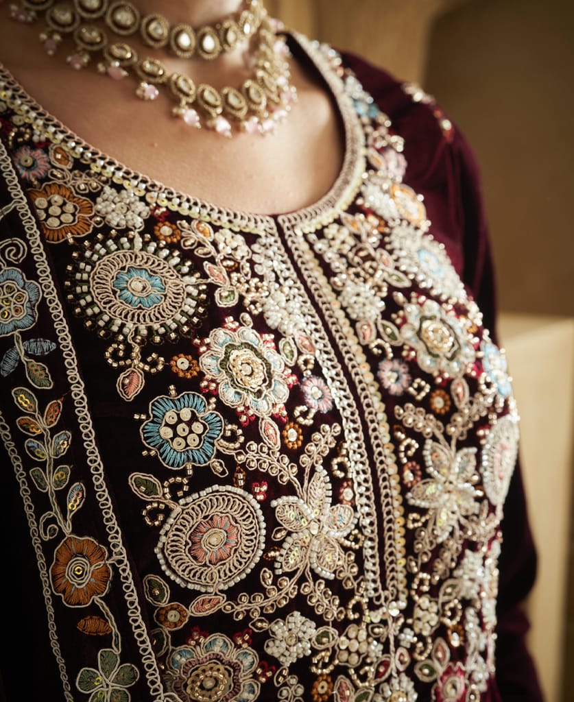 purple heavy velvet straight suit for women hand crafted