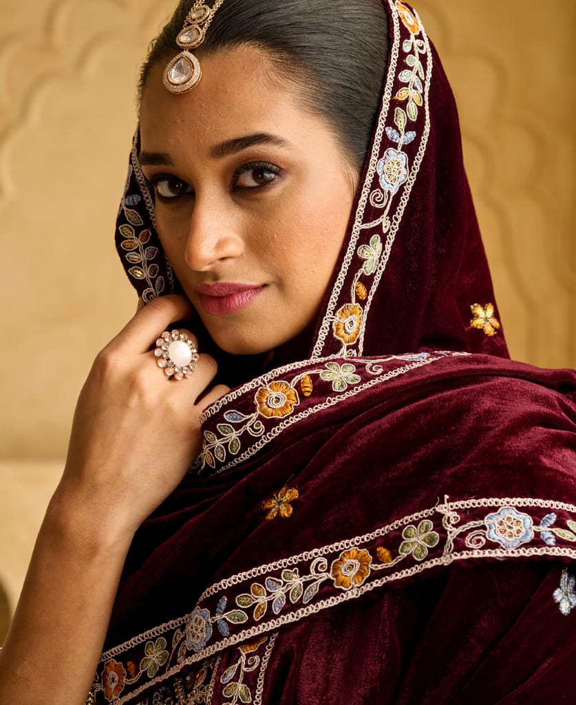 purple heavy velvet straight suit for women hand crafted