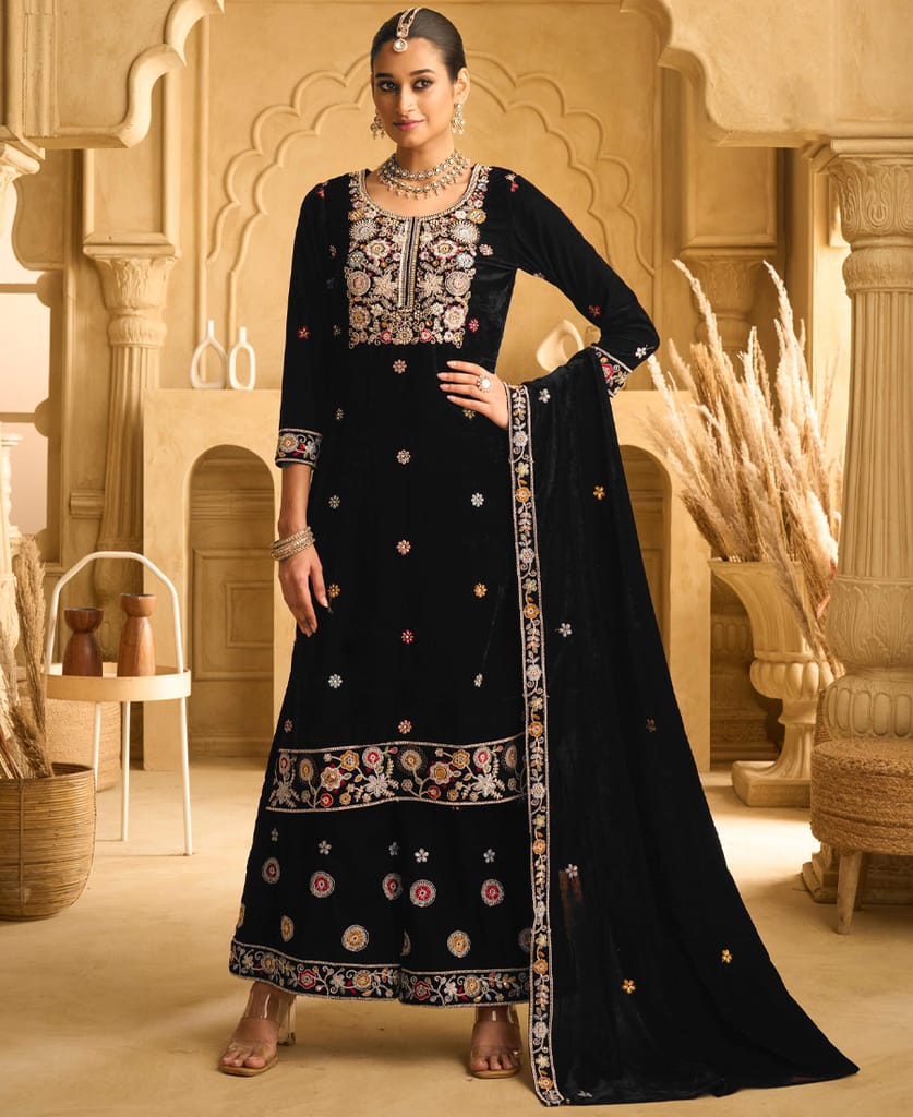 purple heavy velvet straight suit for women hand crafted