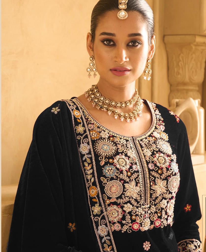 purple heavy velvet straight suit for women hand crafted