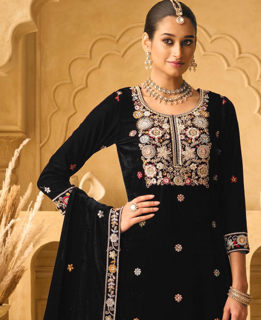 purple heavy velvet straight suit for women hand crafted