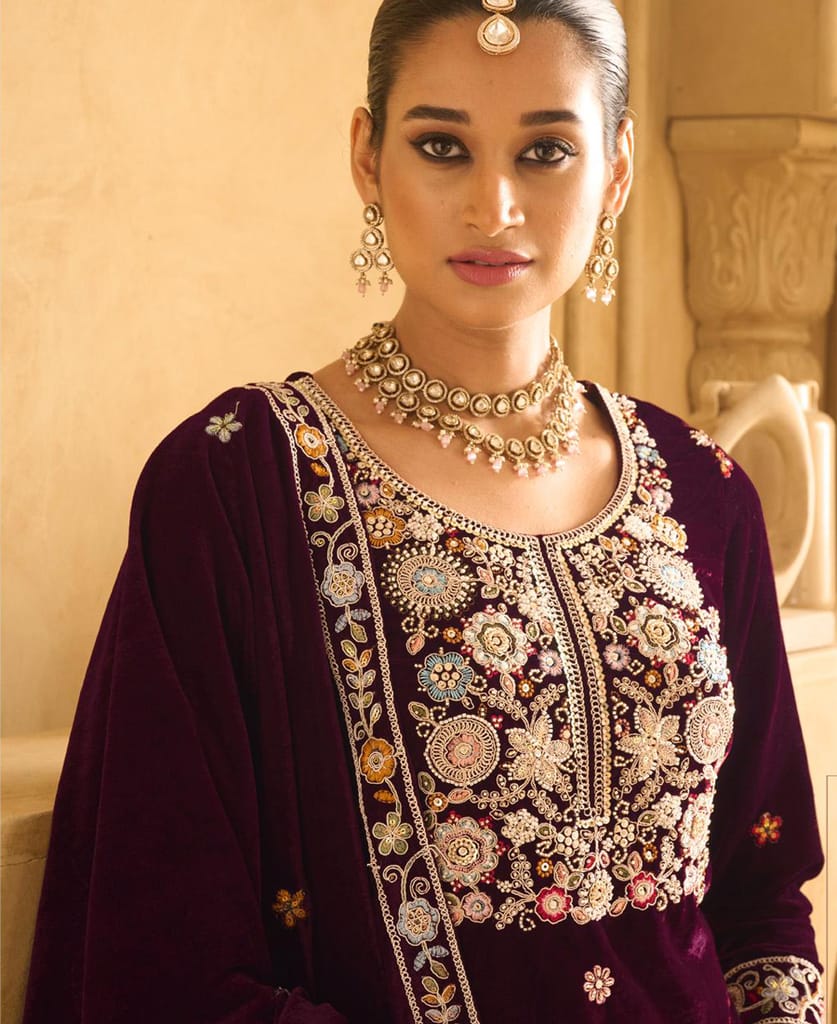 purple heavy velvet straight suit for women hand crafted