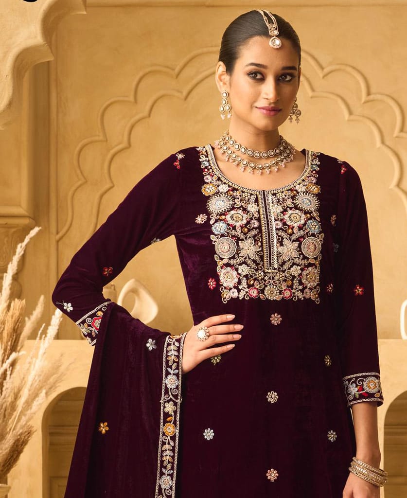 purple heavy velvet straight suit for women hand crafted