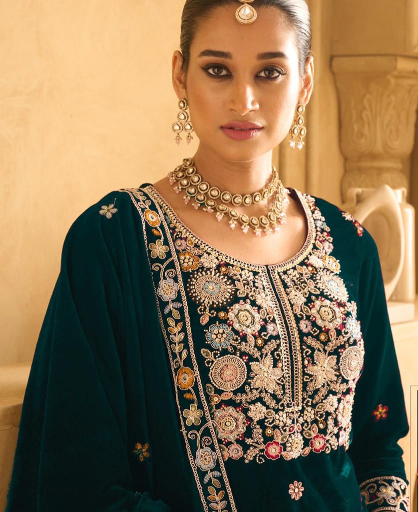 purple heavy velvet straight suit for women hand crafted